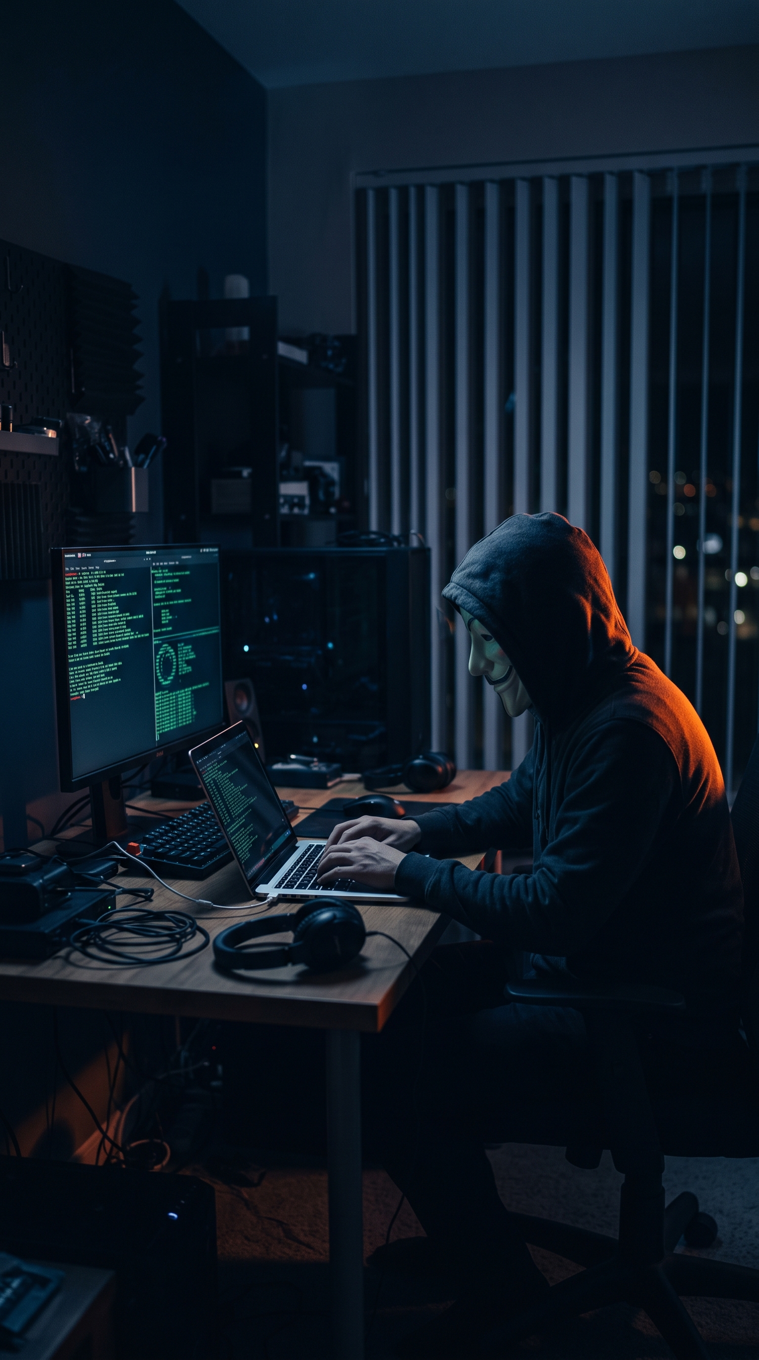 Hacker met masker achter een laptop in een donkere kamer